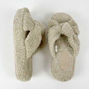 Abercrombie & Fitch Slippers Women Size 10 Beige Fuzzy Slip On Open Toe Platform